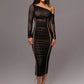 Diagonal Collar Long Sleeve Midi Dress For Women Two Layer Mesh Backless Ruched Bodycon Club Party Sexy Long Dress