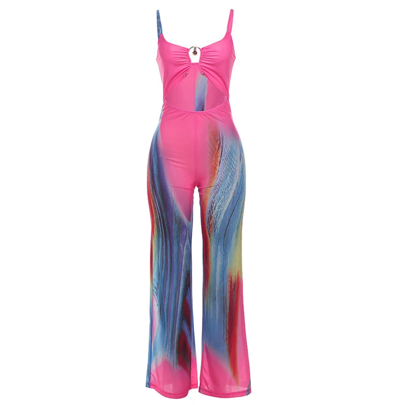 Colorful Print Jumpsuits Women See Through Summer Hollow Cirque Button Sleeveless Fitness Midnight Clubwear Overalls