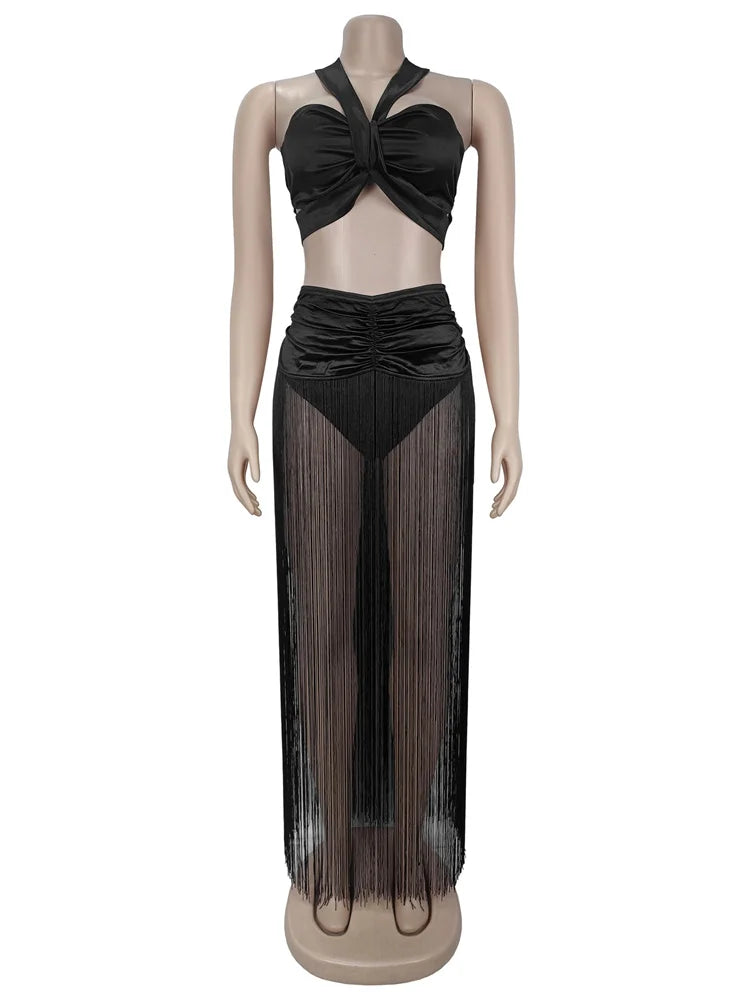 Sexy Fashion 2 Piece Set Women Cross Bandage Backless Irregular Tank Tops+Tassel Patchwork Long Skirts Wild Style Set