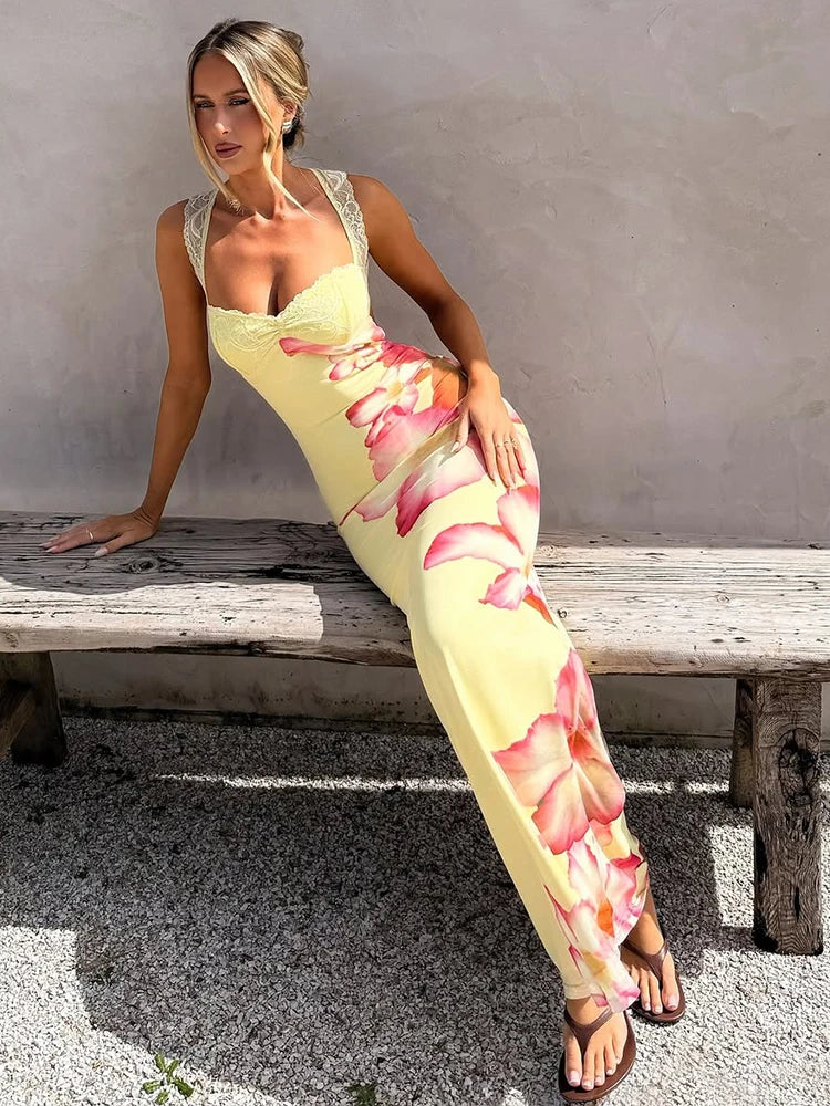 Patchwork Backless Floral Print Long Dresses Woman U Collar Lace Lace-Up Sleeveless Street Fashion Elegant Slim Vestidos