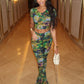 Mesh Patchwork 2 Piece Set Women Flower Print Short Sleeve Crop Tops+Stretch Flared Pants Street Fashion Sexy Outfits