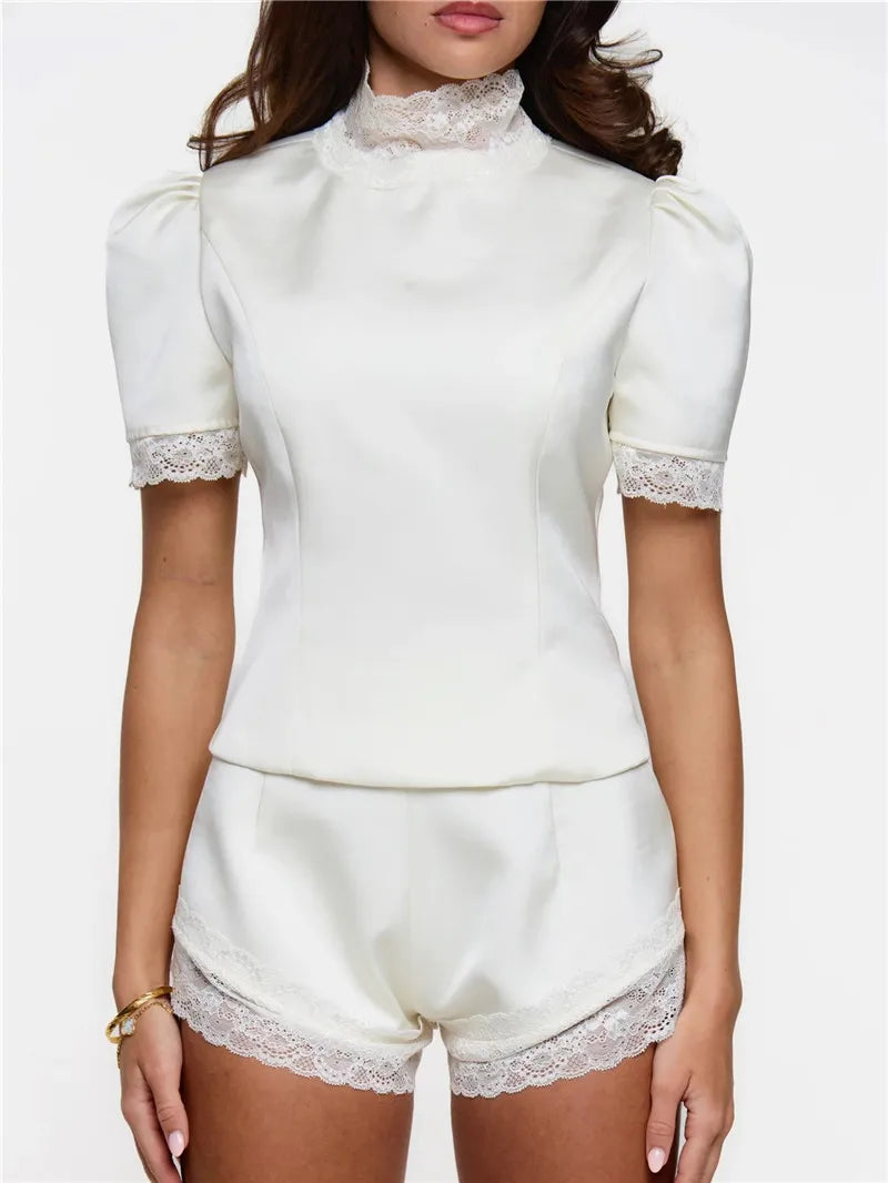 Women's 2 Piece Satin Short Sets Outfits Fashion Mock Neck Puff Sleeve Tee Top and Lace Trimmed Shorts Summer Set