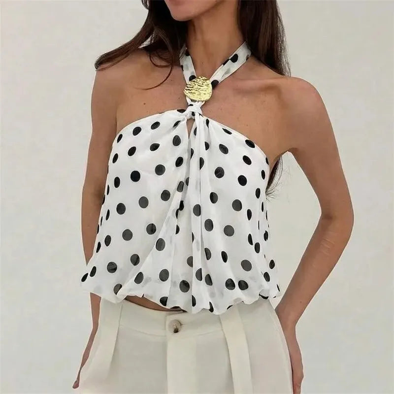 Women Bubble Tank Tops Halter Neck Sleeveless Polka Dots Print Open Back Summer Crop Vest for Daily Vacation Beach