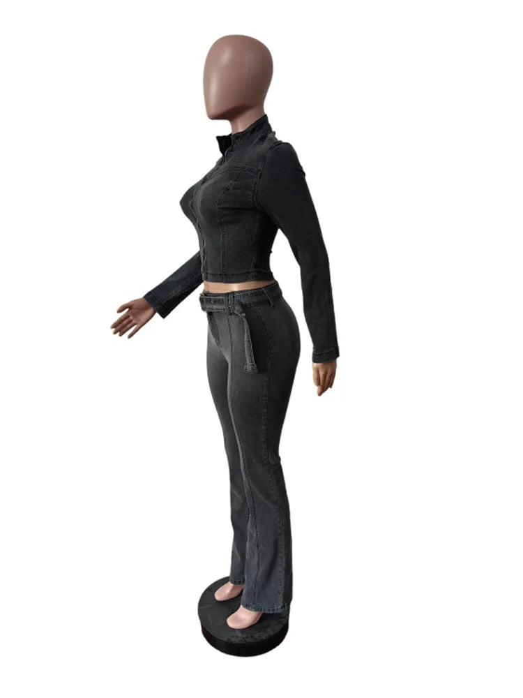 Fashion 2-Piece Set Women Denim Vintage Zip Jacket+Belt Pants Matching Skinny Casual Punk fall Stretch Streetwear Outfits