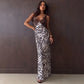 Abstract Zebra Print Black Lace Dresses Spaghetti Strap V Neck Backless Maxi Dress Sexy Vacation Outfits