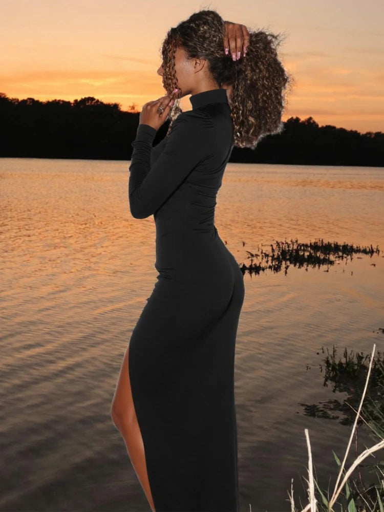 Appliques Sexy Split Dress Women Y2K Hollow Shoulder Padded Long Sleeve Elegant Evening Stretch Skinny Maxi Bodycon