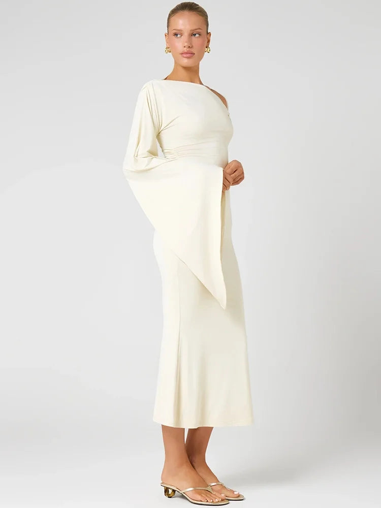 Women One Shoulder Cape Sleeve Sexy Midi Dress Metal Buckle Twisted Bodycon Mermaid Mid‑Calf Evening Party Dresses