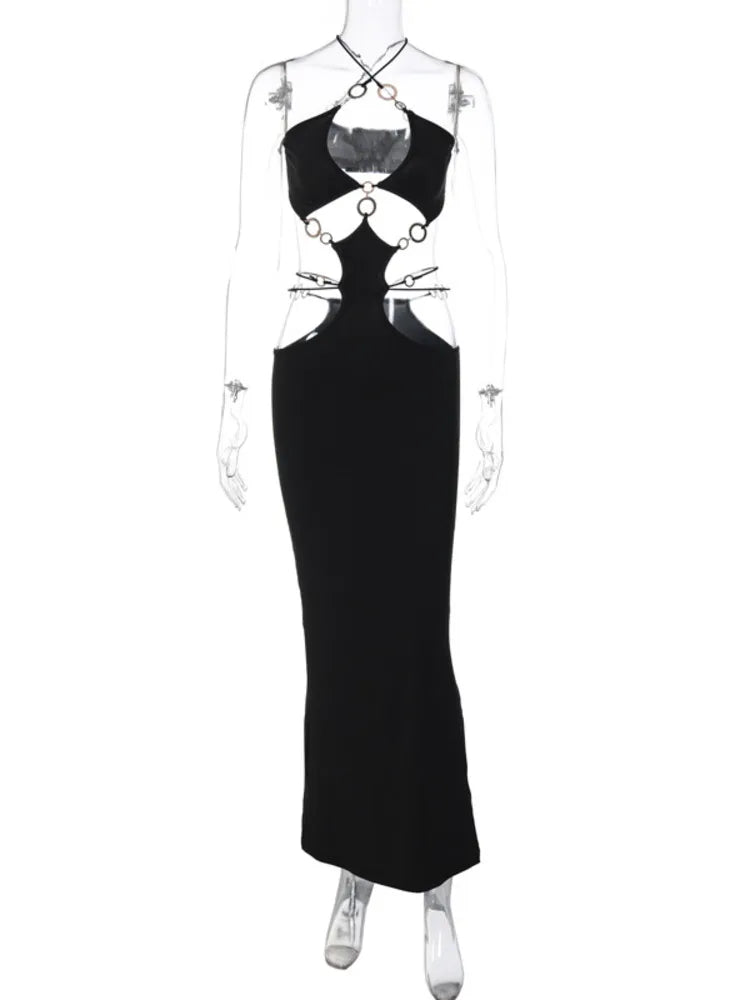 Strapless Metal Ring Cut Out Maxi Dress Women Black Halter Low Cut Backless Hollow Out Bodycon Sexy Party Long Dress