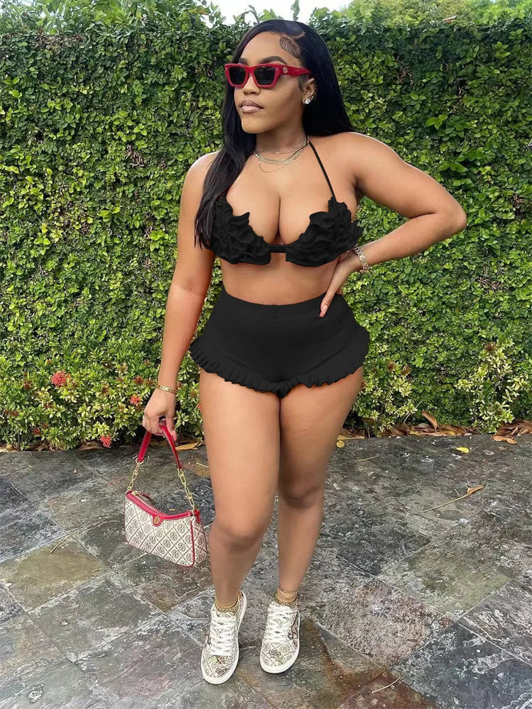 Beach Style 2 Piece Set Women Haltere Backless Ruched Bra+Ruffles Skinny Skirts Vacation Fashion Sexy Hipster Outfits