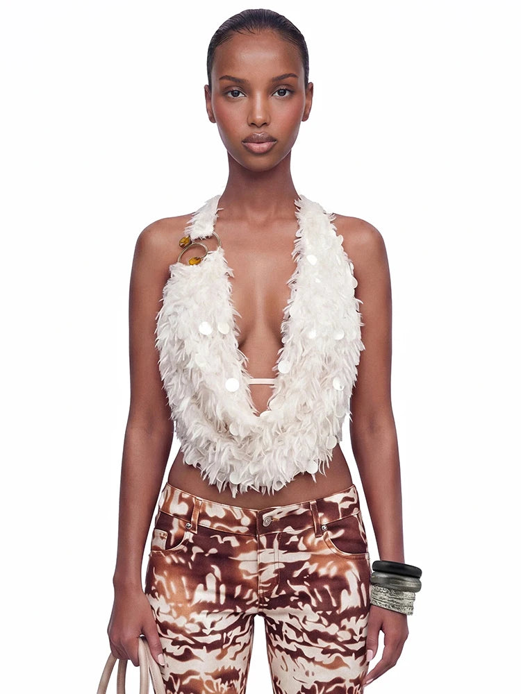 Furry Tassel Decoration Tank Tops Woman Sequin Patchwork Halter Swing Collar Backless Summer Street Fashion Vests