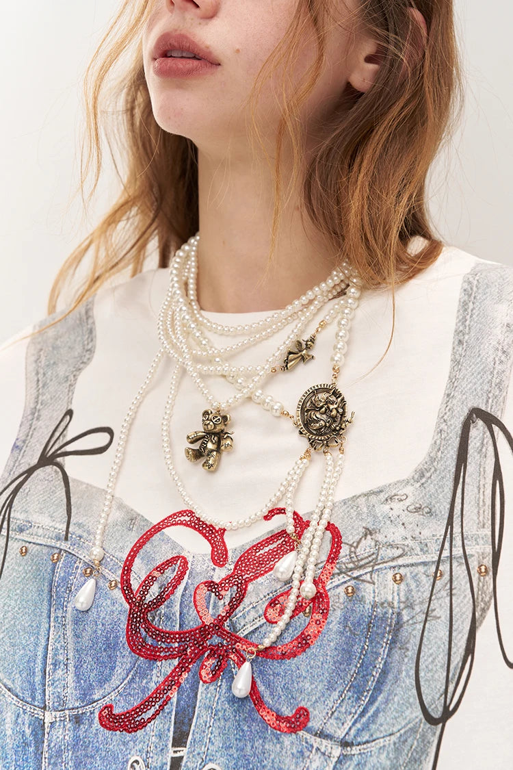 Vintage Gothic Asymmetric Brass Pendant Pearl Necklace Versatile Waist Chain For Women