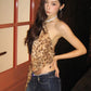 Sexy Halter Tank Tops Women Backless Leopard Lace-Up Hottie Skinny Stretch Street Music Festival Midnight Clubwear