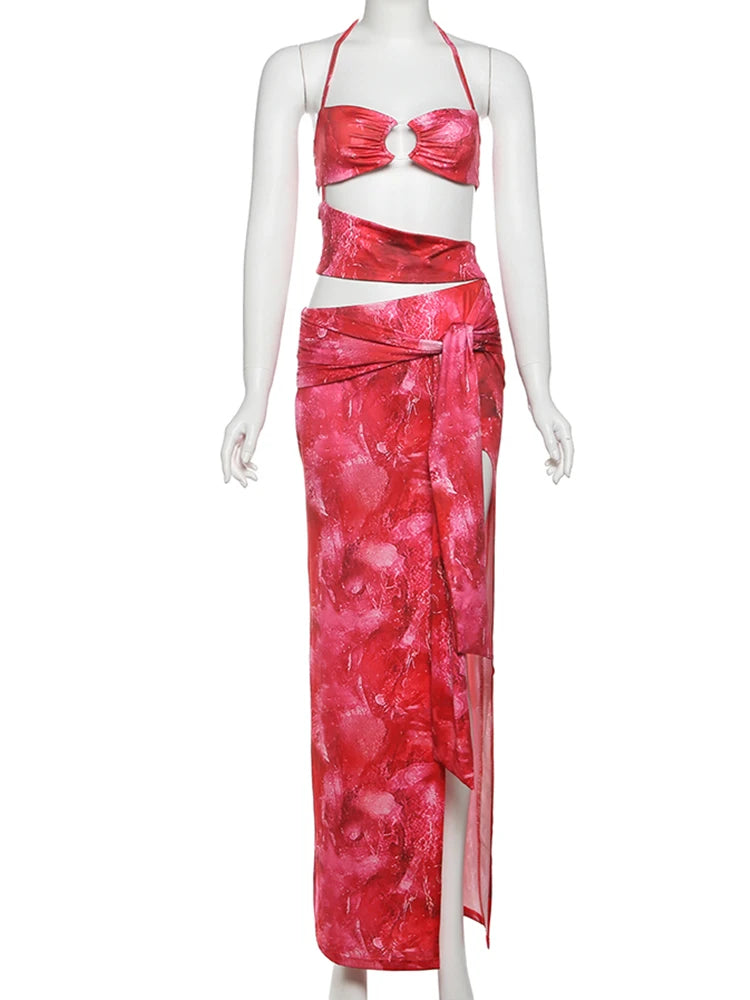 Sexy Halter Dress Women 2025 Summer Strapless Metal Knot Hollow Slits Beach Party Backless Irregular Ribbon Bodycon