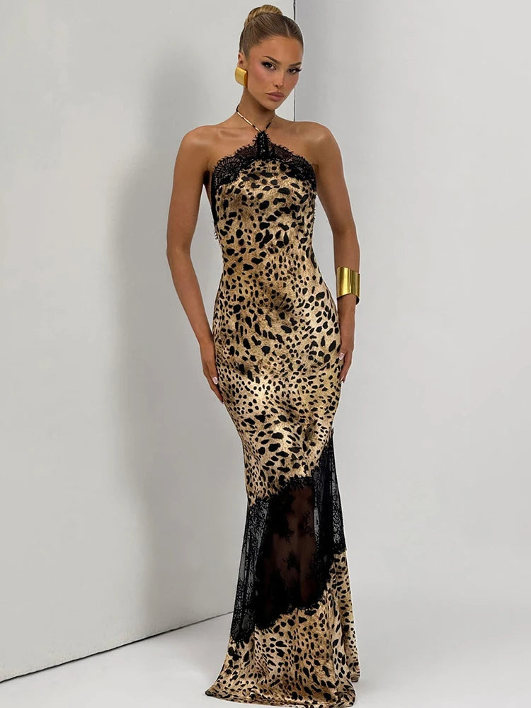 Women Halter Satin Maxi Dress Lace Trim Backless Bodycon Long Evening Party Dress Elegant Formal Wedding Guest Gown