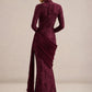 Women High Neck Long Sleeve Lace Maxi Dress Draped Sash Bodycon Mermaid Evening Party Gown Formal Wedding Guest Dress