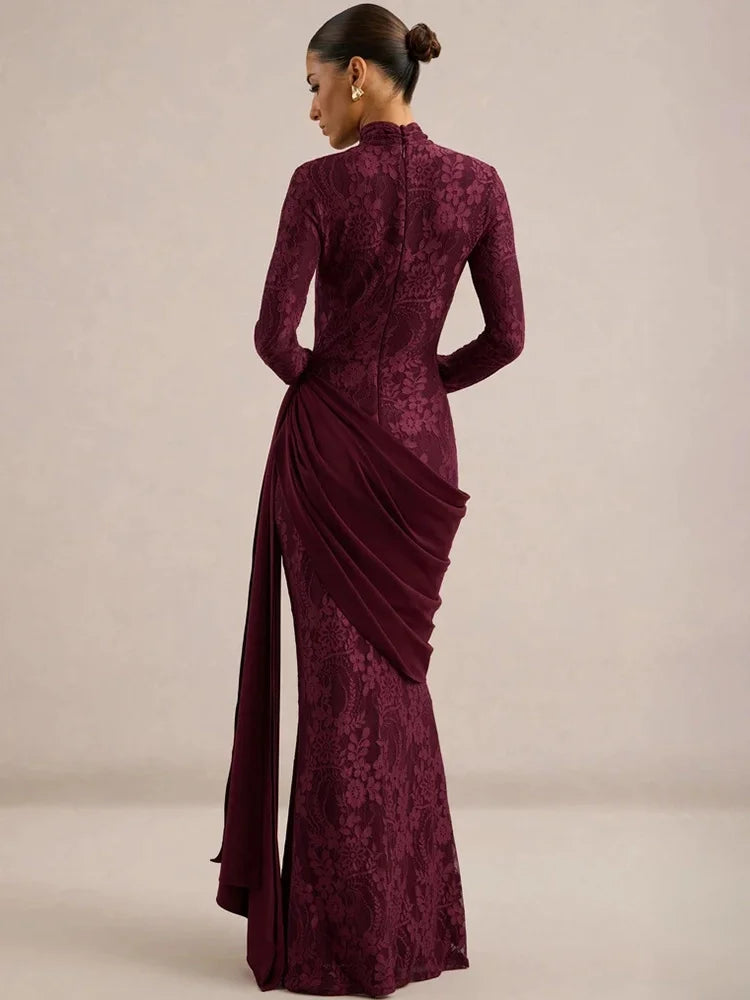 Women High Neck Long Sleeve Lace Maxi Dress Draped Sash Bodycon Mermaid Evening Party Gown Formal Wedding Guest Dress