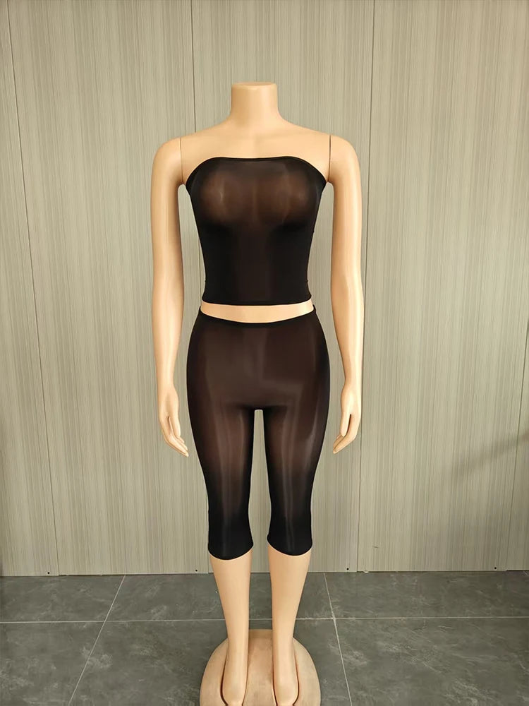 Sexy Fashion 2 Piece Set Woman Mesh See Through Wrap Chest Backless Tank Tops+Skinny Peach Hip Crop Pants Clubwear