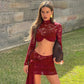 See Through Lace Mesh Two Piece Set Long Sleeve Crop Top and Mini Skirt Matching Sets Sexy Outfits Women