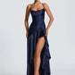 Satin Spaghetti Strap Ruffle Sexy Maxi Dress Women Off-shoulder Sleeveless Backless Thigh High Split Club Party Dress