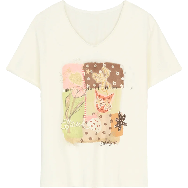 Women's Artistic T‑Shirt with Cat & Floral Patchwork Print, V‑Neck Short Sleeve Regular Fit Tee for Summer Casual Daily