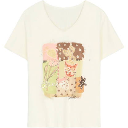 Women's Artistic T‑Shirt with Cat & Floral Patchwork Print, V‑Neck Short Sleeve Regular Fit Tee for Summer Casual Daily
