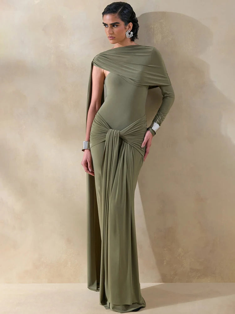 Women Asymmetrical Draped One Shoulder Maxi Dress Long Sleeve Waist Ruched High Split Bodycon Club Party Party Dress