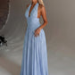 Women Halter Deep V Neck Sexy Maxi Dress Sleeveless Backless Long Dress Waist Wrap Ruched Flowy Party Evening Dresses