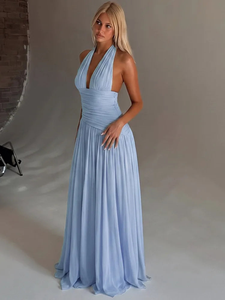Women Halter Deep V Neck Sexy Maxi Dress Sleeveless Backless Long Dress Waist Wrap Ruched Flowy Party Evening Dresses
