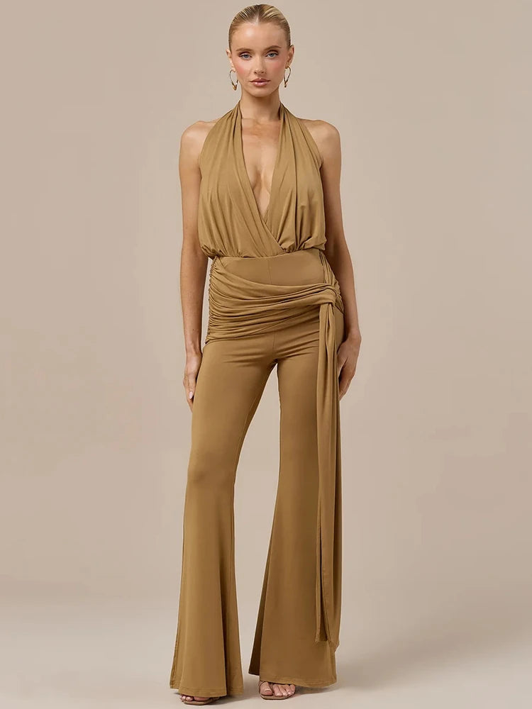 Halter Deep V Neck Sexy Jumpsuit Women Elegant Sleeveless Backless Draped Ruched Waist Skinny Club Party Dresses