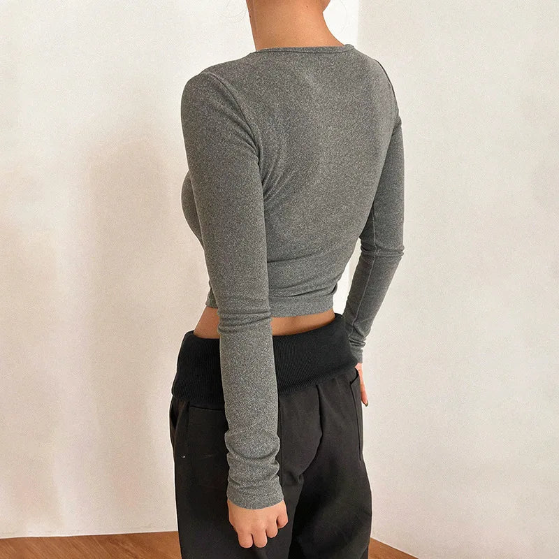 Basic Casual Tshirt Woman Long Sleeve Fitted Crop Top Fall Winter Clothes Ladies Tops