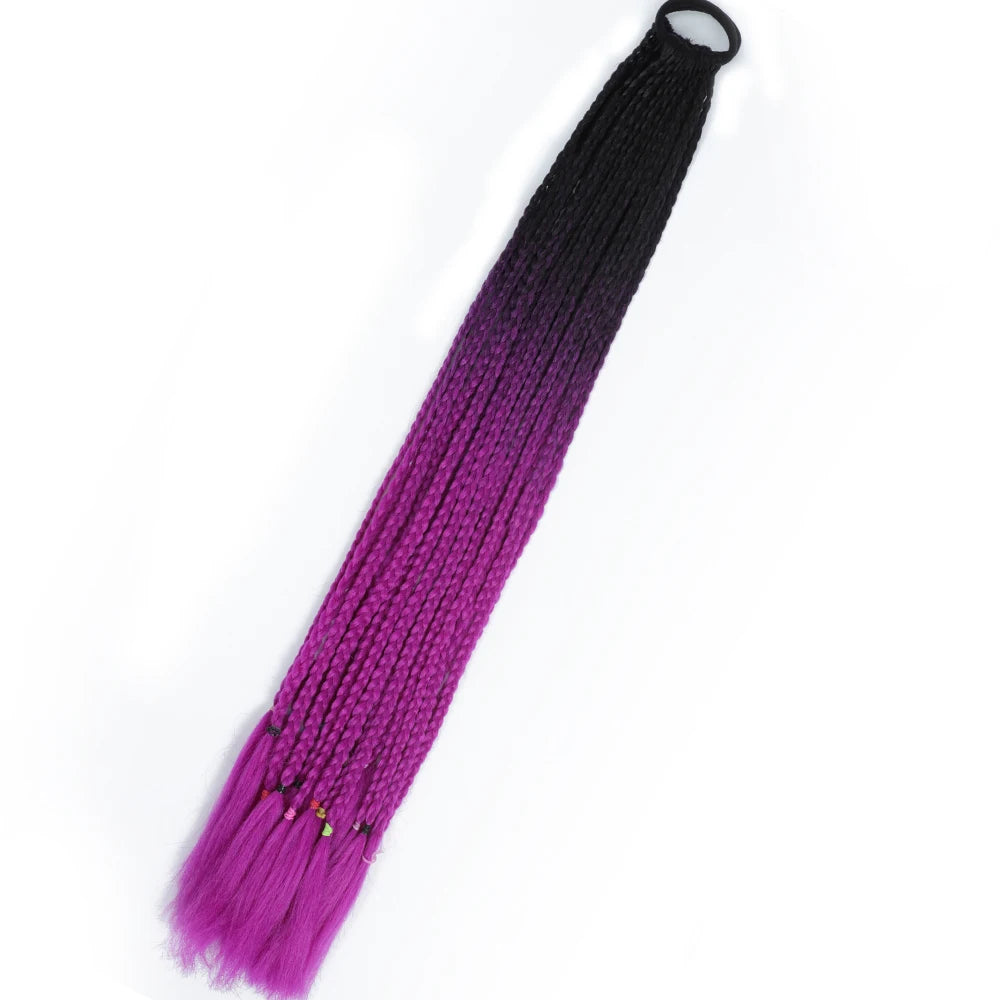 Synthetic 24inch Girls Colored Box Braided Ponytail With Elastic Rubber Band Hair Extensions Rainbow Color Box Pigtail Hairpiece