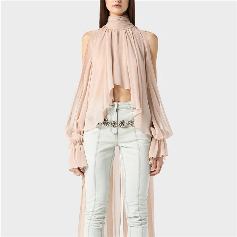 Chic Halter Neck Chiffon Blouse for Women Tie Back Asymmetrical Hem Flare Sleeve Sheer Mesh Top Casual Summer Party Club