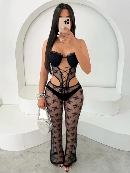 Sexy Jacquard Jumpsuit Women Coquette Midnight Party Waistless Hollow Halter Mesh Activity Clubwear Workout Overalls