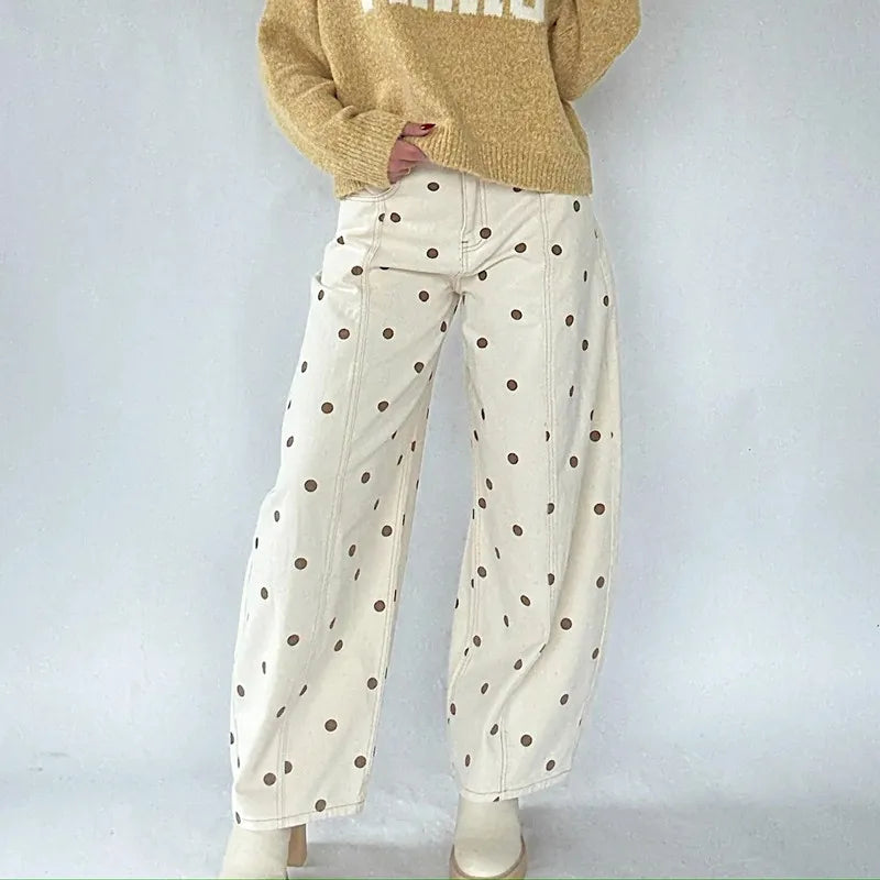 Polka Dot Jeans Women Y2K Print High Waisted Wide Leg Denim Pants Vintage Stretchy Boyfriend Jeans 90s 00s Streetwear