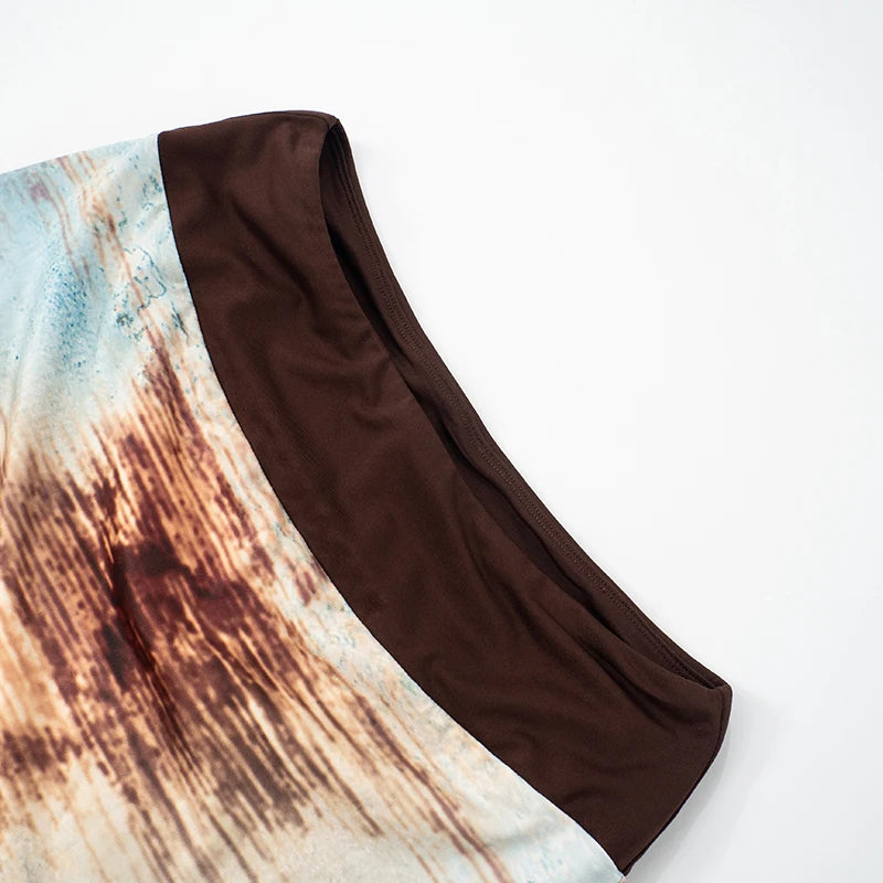 Tie-dye Print 2-Piece Set Women Patchwork Strapless Tops+Straight Skirt Vacation Beach Party Skinny Matching Clubwear