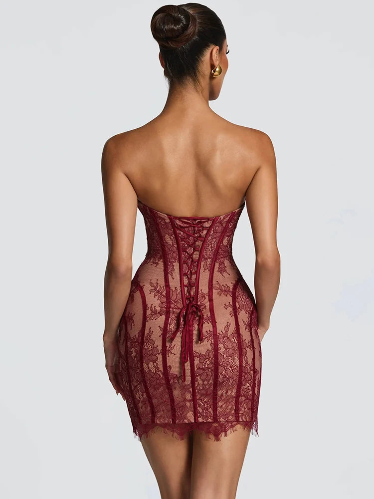 Lace Strapless Mermaid Mini Dress Women Sweetheart Neck Sheer Mesh Bodycon Short Gown Evening Party Cocktail Vestidos