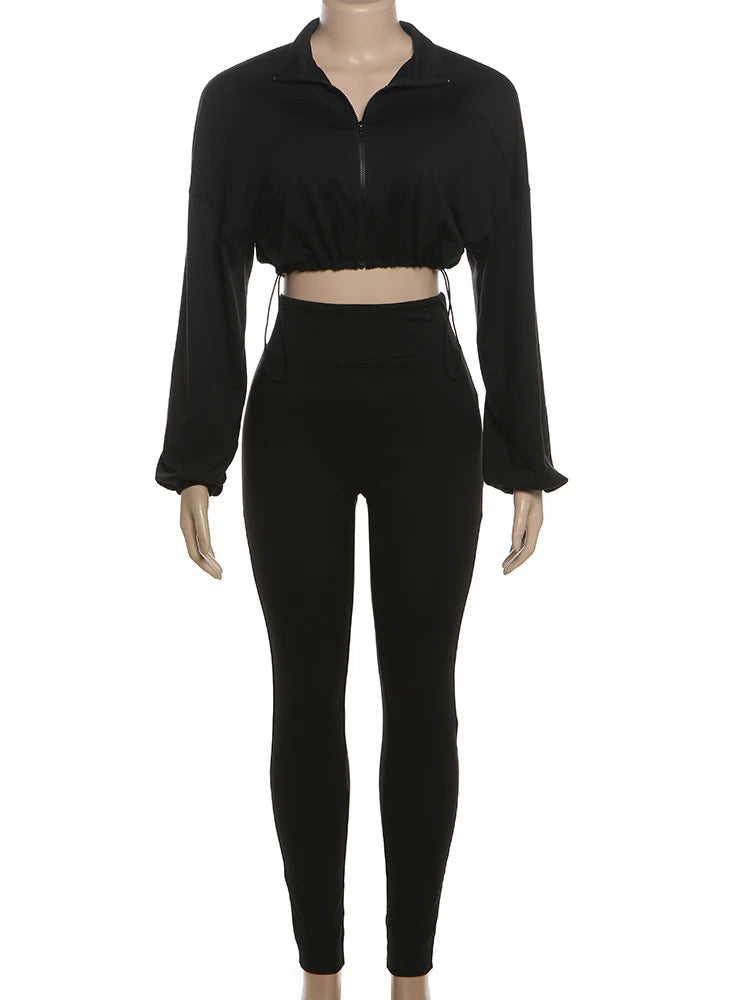 Basic Women 2 Piece Set Classic Solid Long Sleeve Drawstring Zip-up Coats+Slim Pants Female Autumn Casual Sporty Outfits