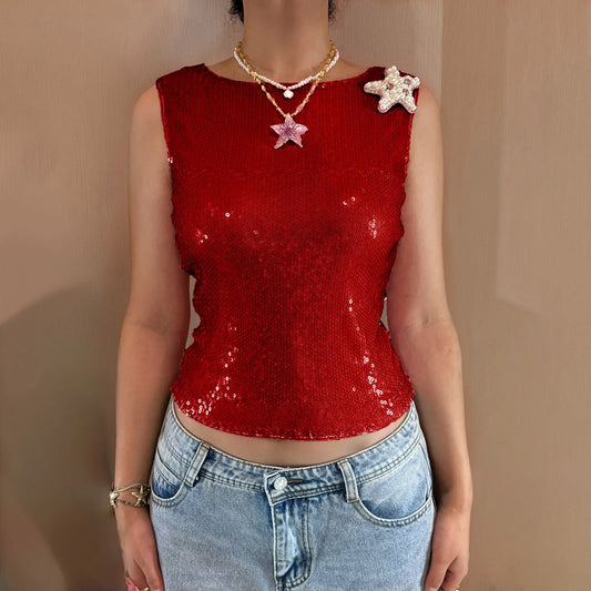 Women Y2K Sequin Pearl Starfish Tank Tops Teen Girls Sea Star Shiny Sleeveless Shirt Glitter Sparkly Summer Cami Top