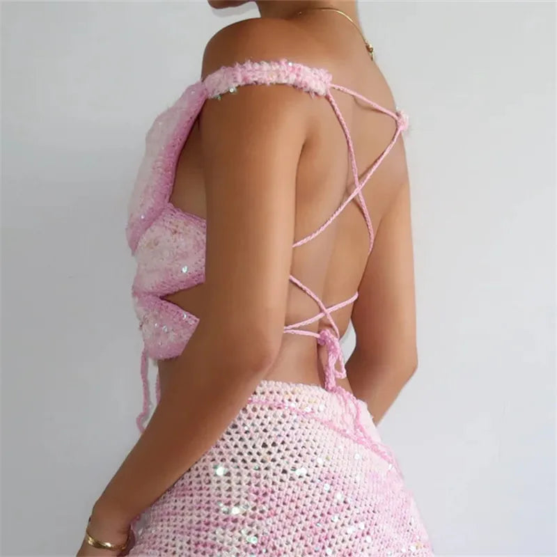 Women's Butterfly Shape Sequin Crochet Crop Top Sexy Off Shoulder Backless Tie Up Knit Top Y2K Rave Festival Outfit