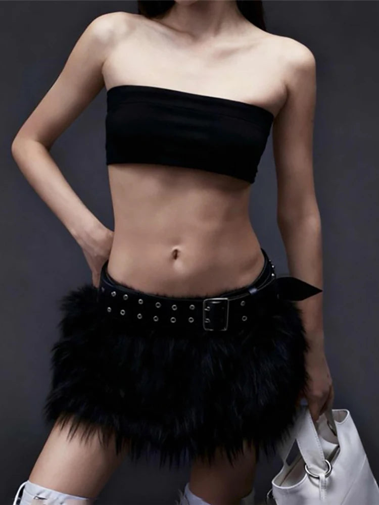 Winter Furry Tassel Skirt Women Sexy Hottie Trend Metal Buckle Belt Wild Hottie Street Skinny Club Hipster Mini Bottom