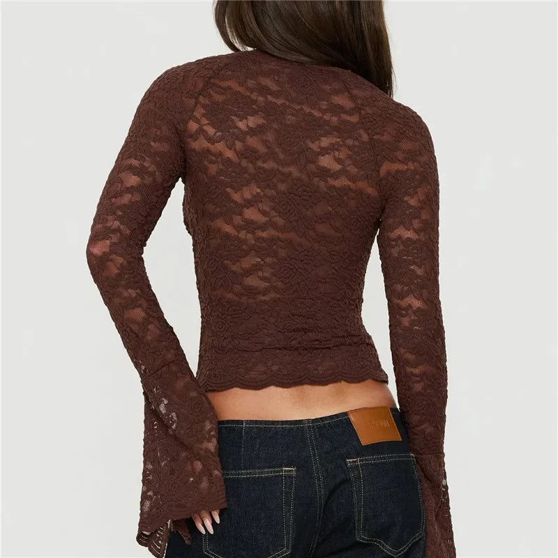 Y2K Gothic Women Sheer Lace Top Hollow Out Cutout Chest Long Flare Sleeve Scallop Trim Slim Fit See Through Mesh Blouse