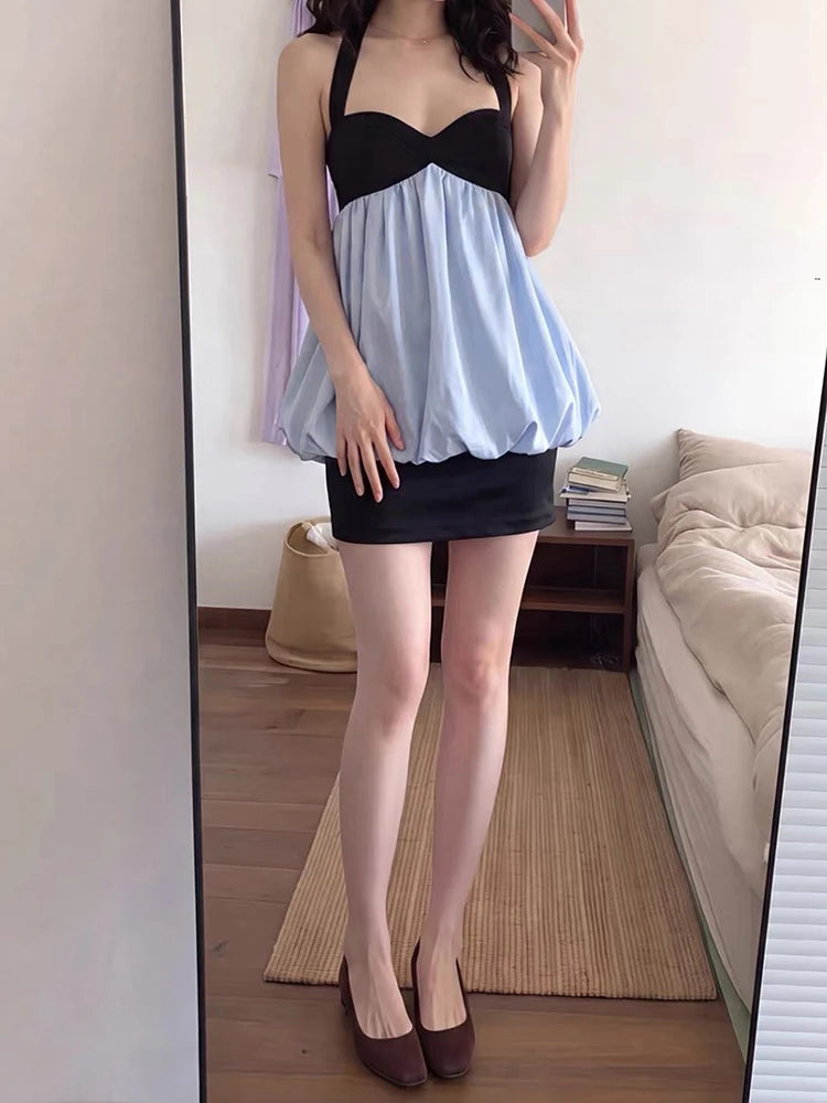 Patchwork Dress Women Halter Sleeveless Backless Folds Sweet Style Summer New Trend Street Commute Daily Mini Bodycon