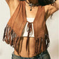Women Retro Western Fringe Crop Vest Sleeveless Faux Suede V Neck Tie Front Tassel Waistcoat Festival Casual Outerwear