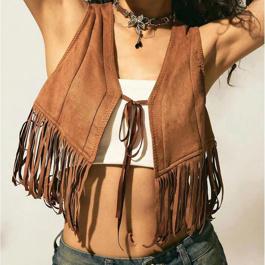 Women Retro Western Fringe Crop Vest Sleeveless Faux Suede V Neck Tie Front Tassel Waistcoat Festival Casual Outerwear