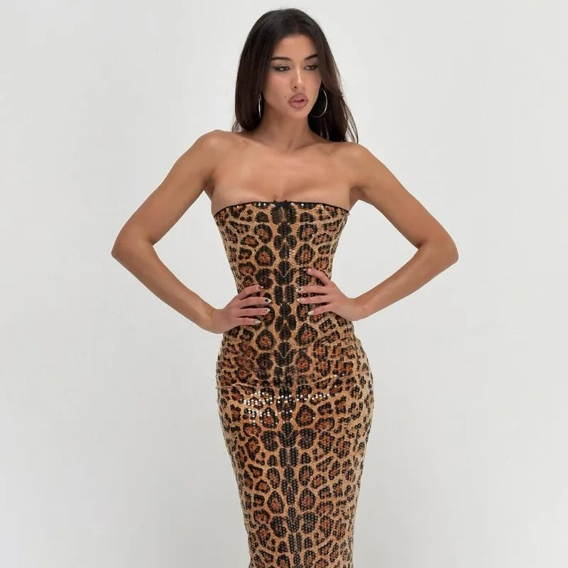 Glitter Sequin Leopard Print Midi Party Dresses Woman Strapless Backless Bodycon Dress Sexy Club Outfits