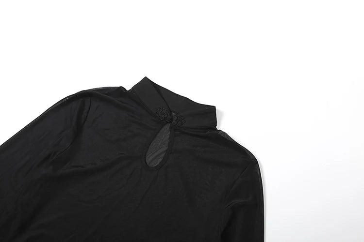 Sexy 2-Piece Set Women Stand Collar Patchwork See Through Hollow Frog Button Top+Elastic Waist Short Midnight Suits