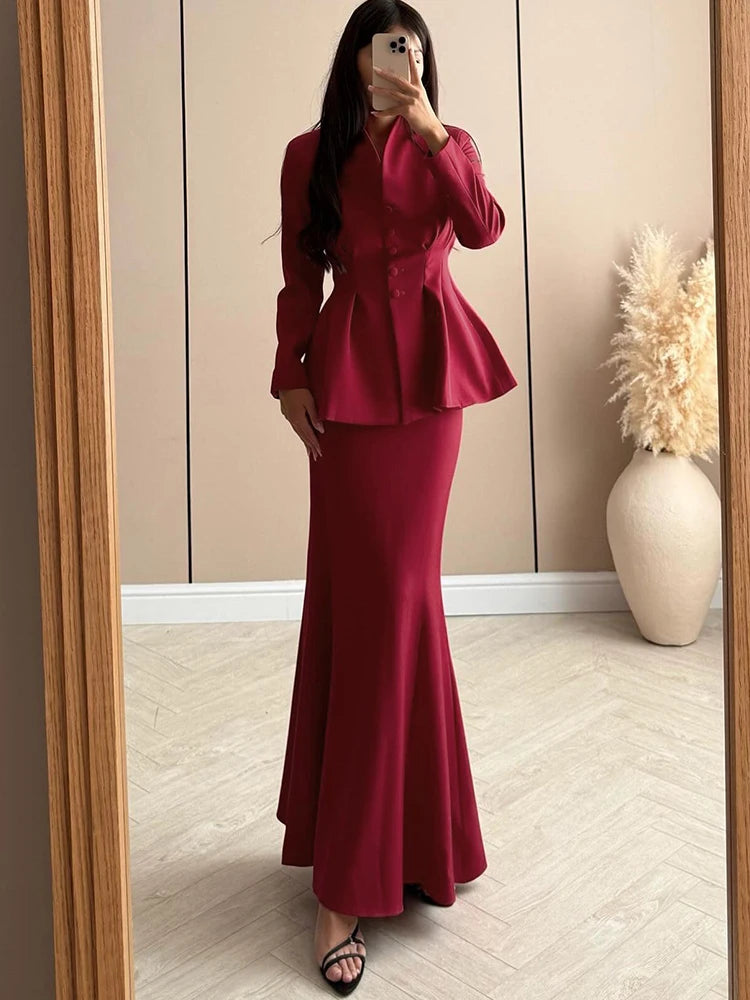Office 2-Piece Set Women v-Neck Single-Breasted Full Sleeve Folds Hem Coats+Fishtail Skirts Elegant Simple Chic Suits