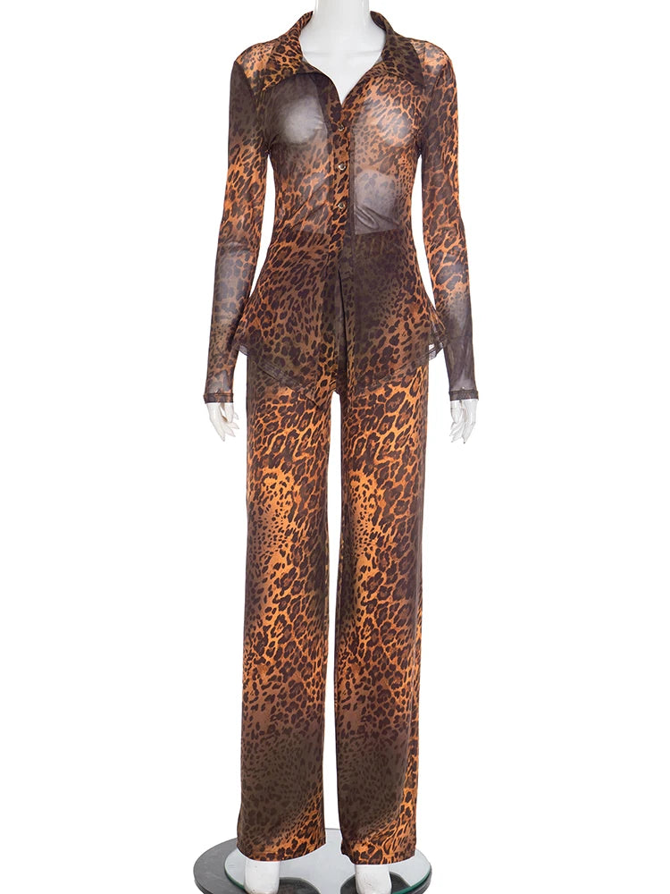 Leopard Print 2 Piece Set Women Sexy See Through Button Tight Blous+Flared Pants Matching Street Club Stretch Outfits
