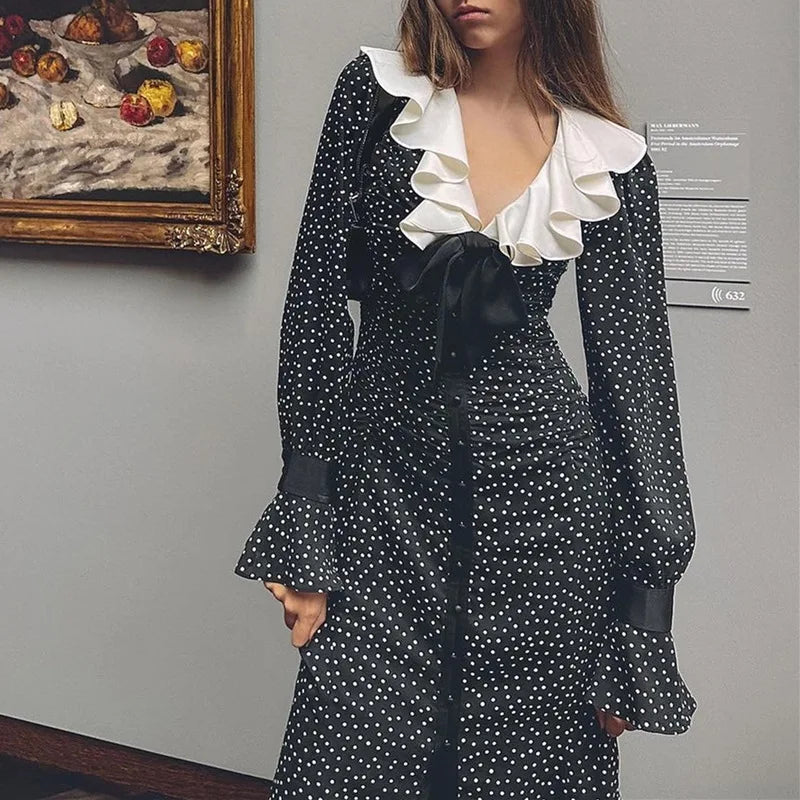Ruffle Bow Flare Sleeve Long Dresses for Women Vintage French Style Polka Dot Black Dress Vacation Outfits