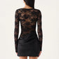 Women Deep V Neck Long Sleeve Sexy Mini Dress Lace Spliced Draped Ruched Bodycon Dress Night Club Party Evening Dresses